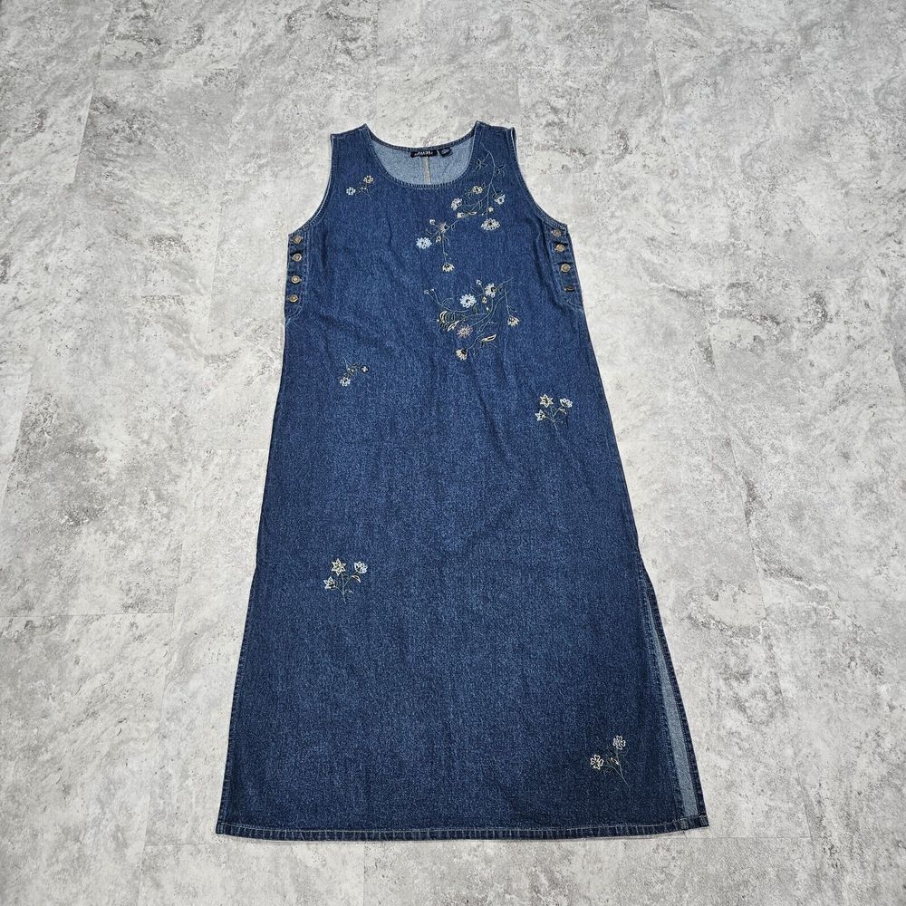 MPH Collection 90's Denim Jumper Dress Women XL Jean Floral Embroidery Beaded